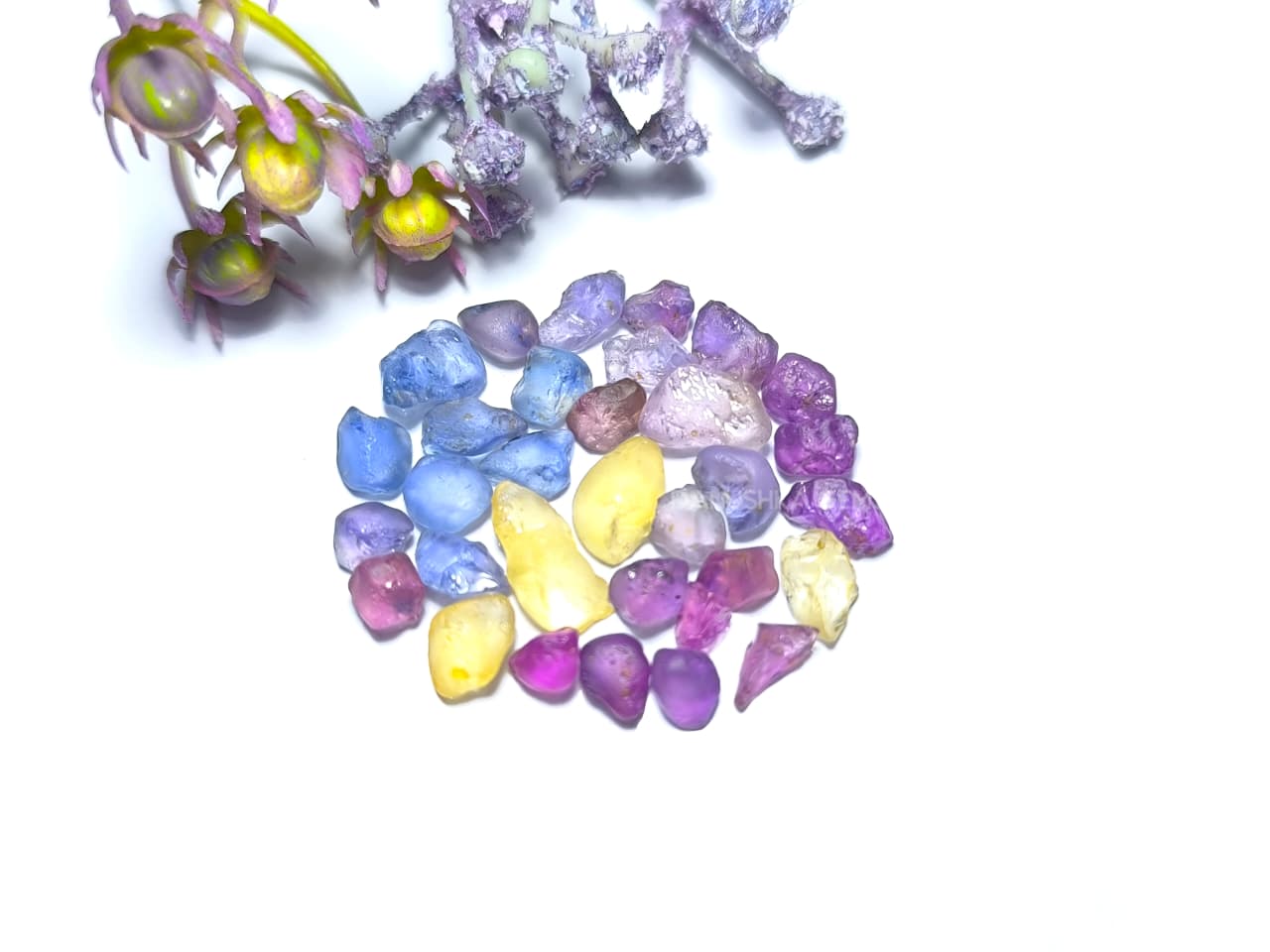 50 ct Ceylon natural unheated sapphire rough parcel with 32 pieces in pink, purple, blue, yellow, violet, lavender, and bi-color sapphire from Sri Lanka