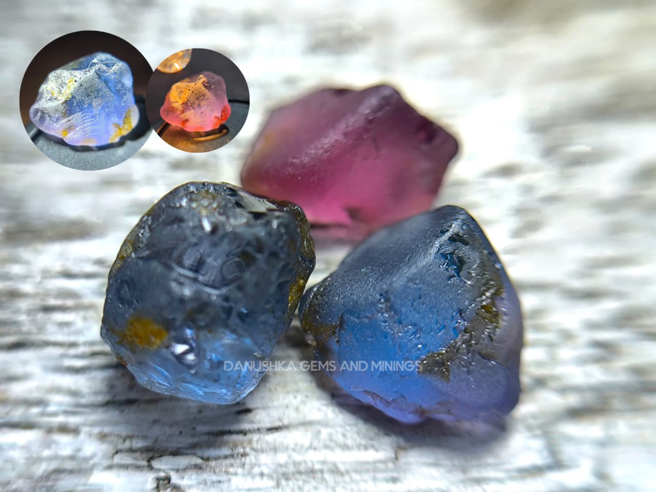 Three-piece facet-grade Spinel rough parcel with color-change, purplish pink, and blue Spinel stones showing natural inclusions and cutting potential.