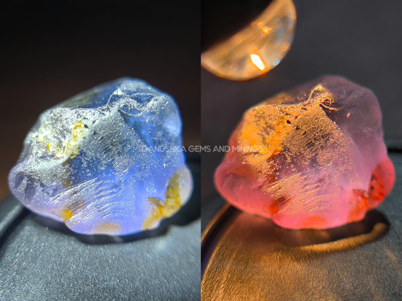 Three-piece facet-grade Spinel rough parcel with color-change, purplish pink, and blue Spinel stones showing natural inclusions and cutting potential.