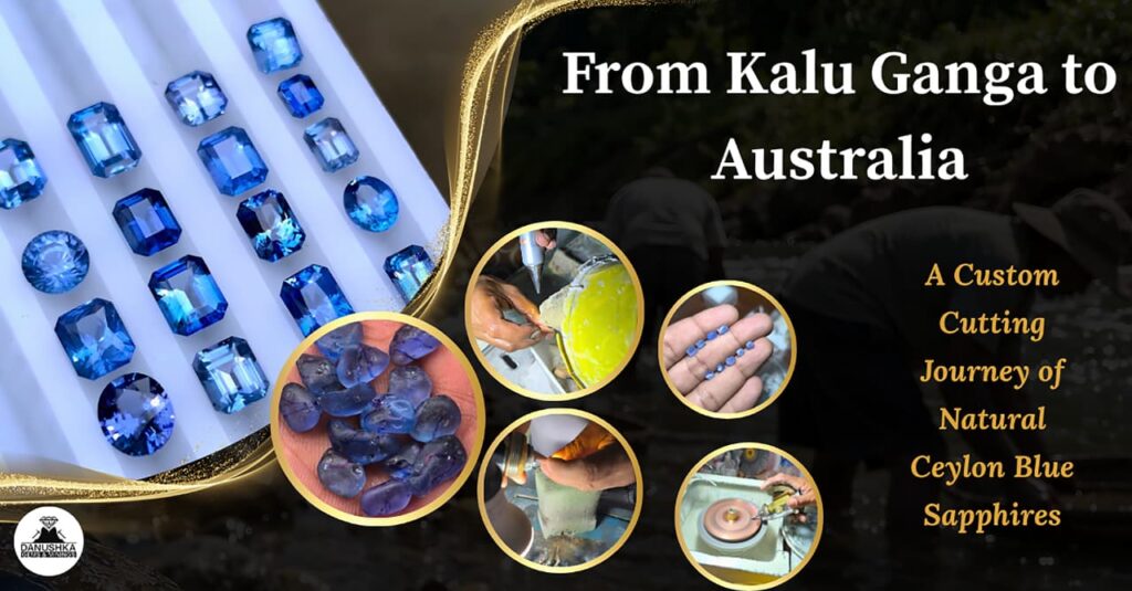 Natural unheated Ceylon Blue Sapphire rough from Kalu Ganga transformed into a finished 17-piece sapphire collection for an Australian customer.